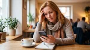 Erschöpfte Frau mit schwerem Kopf und Smartphone als Symbol für Energieabzug und Energievampire