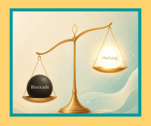 Eine Waage bringt eine dunkle energetische Blockade und leuchtende Heilung in die Balance zur Erklärung einer Erstverschlimmerung.